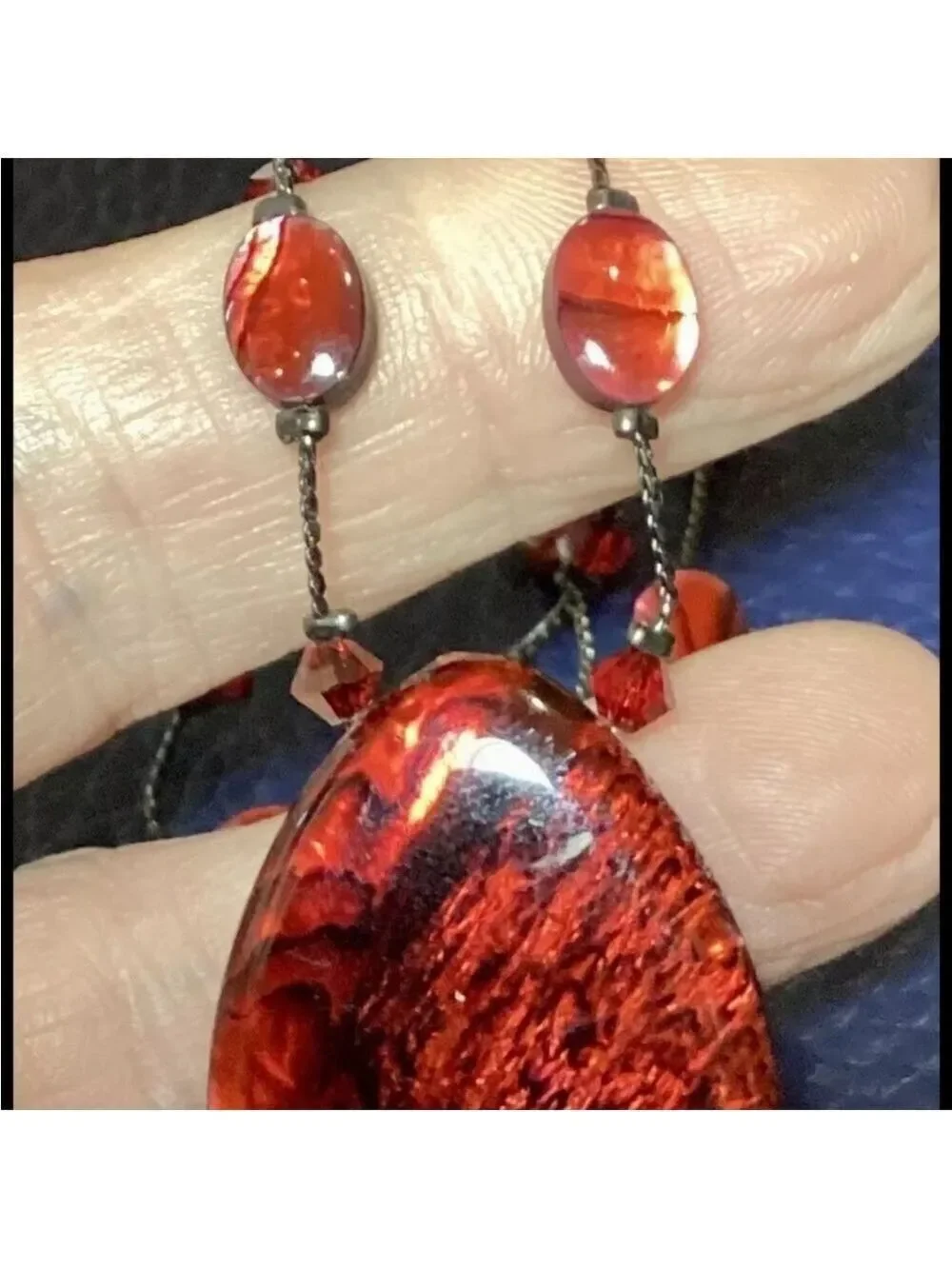 VTG DABBY REID Designer Signed Red Abalone Swarovski Crystal Necklace 18” Ext